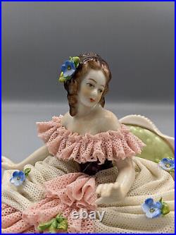 1900s Antique Volkstedt German Porcelain Lace Figurine Dreaming Girl Marked Rare