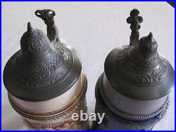 2 Early Antique German Beer Steins, Lidded Pewter Hinged Tops, Salt Glaze Pottery