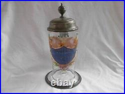 ANTIQUE GERMAN ENAMELED BLOWN GLASS PEWTER LID STEIN, MUG, EARLY 19th CENTURY