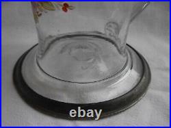 ANTIQUE GERMAN ENAMELED BLOWN GLASS PEWTER LID STEIN, MUG, EARLY 19th CENTURY