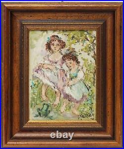 Antique 12 Oil Painting On Canvas German Children Girls Frog Tree Signed Gift