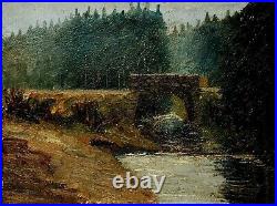 Antique 12 Oil Painting On Wood German Landscape Forest Bridge Sig. A. Close