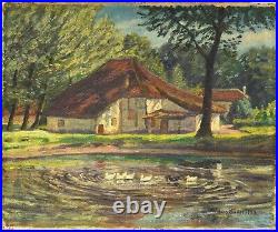 Antique 13 Oil Painting On Canvas German Landscape Lake Ducks Kate Sig. Müller