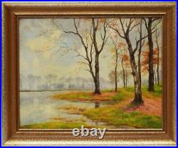 Antique 16 Oil Painting On Wood German Landscape Lake Forest Trees Signed Gift