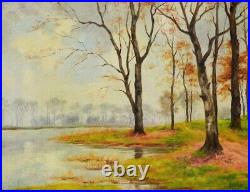 Antique 16 Oil Painting On Wood German Landscape Lake Forest Trees Signed Gift