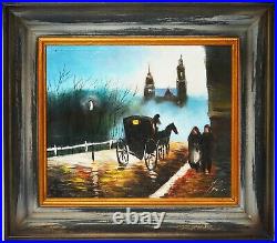 Antique 17 Oil Painting Canvas German Autumn City Scene Horse Carriage People
