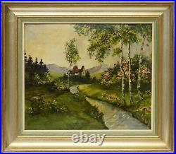 Antique 18 Oil Painting On Wood German Landscape Forest Stream Trees Meadows