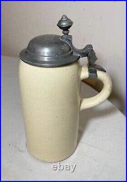 Antique 1Ltr. Early 1800's German pottery pewter lidded beer stein mug tankard
