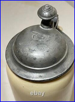 Antique 1Ltr. Early 1800's German pottery pewter lidded beer stein mug tankard