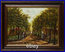 Antique 20 Oil Painting Canvas German Landscape Forest Trees Alley Houses Sig