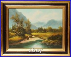 Antique 20 Oil Painting Canvas German Landscape River Couple Sig. B. Landrock