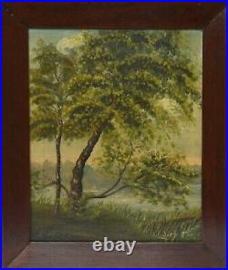 Antique 20 Oil Painting On Canvas German Landscape Lake Boat Trees Sig. Gift