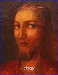 Antique 22 Oil Painting On Wood Portrait Jesus Christ Catholic German Wall Gift