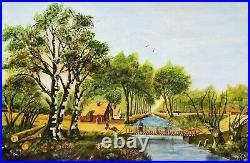 Antique 24 Oil Painting Canvas North German Landscape Village River Bridge Sig