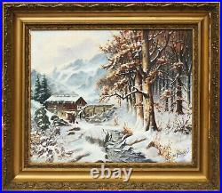Antique 24 Oil Painting On Wood German Winter Landscape Forest Stream Trees Sig