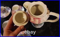 Antique CHOCOLATE POT SET W LID German Porcelain 4 Cups & Saucers PINK ROSES