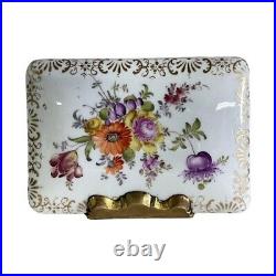 Antique Dresden German Hand-Painted Floral Porcelain Box with Bronze Hinge, Signed