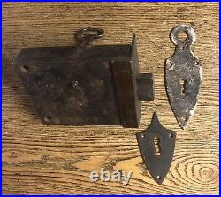 Antique Early 1800's Heavy Duty German Rim Lock, Key Holes & Key From Amana IA