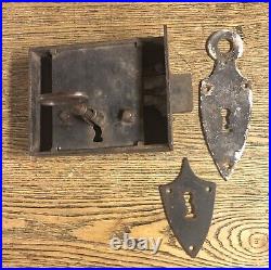 Antique Early 1800's Heavy Duty German Rim Lock, Key Holes & Key From Amana IA
