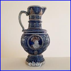 Antique Early 1900 German Cobalt & Gray Salt Glazed Stoneware Beer Stein/Pitcher