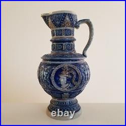 Antique Early 1900 German Cobalt & Gray Salt Glazed Stoneware Beer Stein/Pitcher