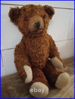 Antique Early 1900s Jointed German Rusty stuffed animal Teddy bear Brown Glass