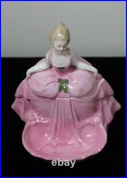 Antique Early 20thC German Pink Porcelain Victorian Lady Powder Jar with Tray