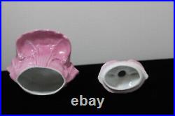 Antique Early 20thC German Pink Porcelain Victorian Lady Powder Jar with Tray