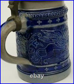 Antique Early German Cobalt Blue Salt Glazed 1/2l Beer Stein Griffins