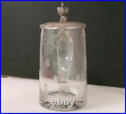 Antique Early German Etched Glass Beer Stein withSwan Thumblift c. 1830s