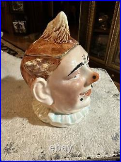 Antique GERMAN CLOWN Jester HEAD HUMIDOR Tobacco Jar Majolica Early Germany