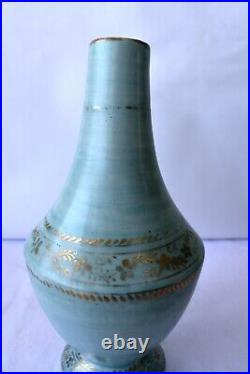 Antique German Bisque Vase Porcelain Gilt Floral Blue Bottle Flask Decorative K