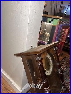 Antique German WallClock Walnut. Brass. Hinged Glass Door. Windingkey. Originalparts