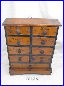 Antique German spice cabinet chest 9 drawer wood rack cupboard early wall decor