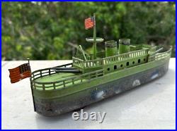 Antique Old Rare Hand Made Paint Early German Wind Up Battle War Ship Tin Toy