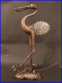 Antique Rare German Art Nouveau Art & Craft Heron Iron Figural Bird Lamp