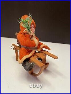 Antique Santa with Feather Tree on Wood Sled GERMANY Early 1900s