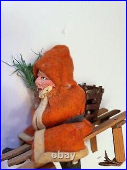Antique Santa with Feather Tree on Wood Sled GERMANY Early 1900s
