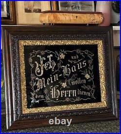 Antique Victorian Era Foil Reverse Print. German Proverb on Glass in Wood Frame