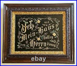 Antique Victorian Era Foil Reverse Print. German Proverb on Glass in Wood Frame