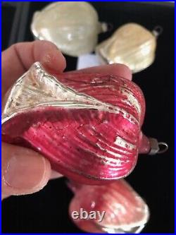Antique Vintage German Lot Of Mixed Red Silver Rose Flower Glass Ornament-1900s