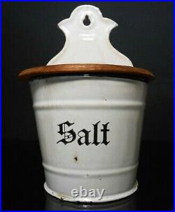 EARLY 20TH C GERMAN ANTIQUE STENCILED ENAMEL TIN WALL SALT BOX WithHINGED WOOD LID