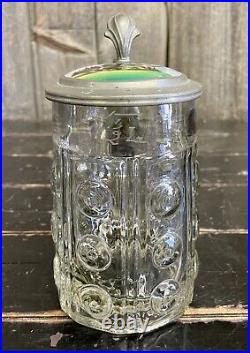 Early 1900s Antique Glass 1/2 Liter German Hunting Stein with Painted Enameled Lid
