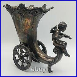 Early 1900s WMF German Art Nouveau Cornucopia Cherub Silver Plate Vase With Wheels