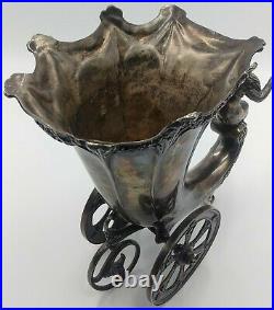 Early 1900s WMF German Art Nouveau Cornucopia Cherub Silver Plate Vase With Wheels