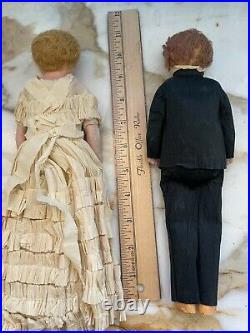 Early Antique German Bisque Mignonette Bride and Groom Dolls Original Old Outfit