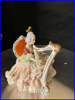 Early Antique German Dresden Lace Figurine Lady with Harp. 4
