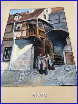 German Watercolor Painting Artist Signed Ladies in Alley Early 1900s Antique