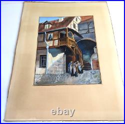 German Watercolor Painting Artist Signed Ladies in Alley Early 1900s Antique