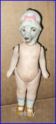 HTF! Antique GERMAN All Bisque MOLDED BONNET Animal Head Doll DOG/WOLF